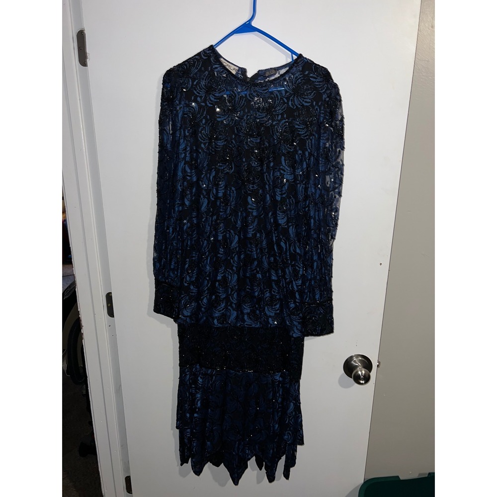 Scala Milano Paris LA Dress Small Blue Black Floral Lace Sequin Beaded Evening